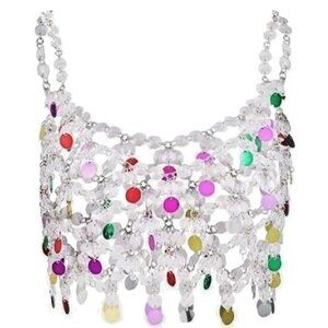 Silver Body Chain & Sequin Disc Crop Top Festival Rave Belly Dancer Bra New